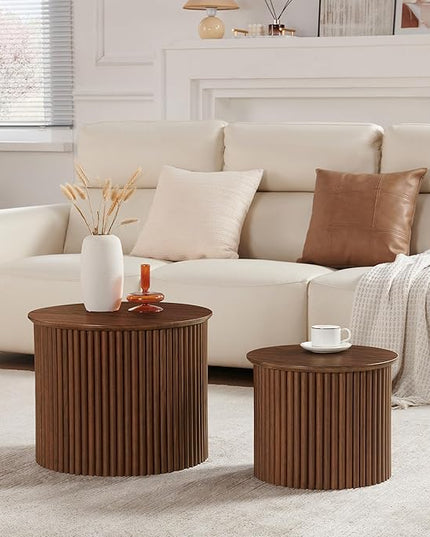 Small Fluted Round Nesting Coffee Table Set of 2, Mid Century Modern Coffee Table Circle Side Table, Wood Nesting Table Farmhouse End Tables Set for Living Room, Bedroom, Small Spaces(Walnut