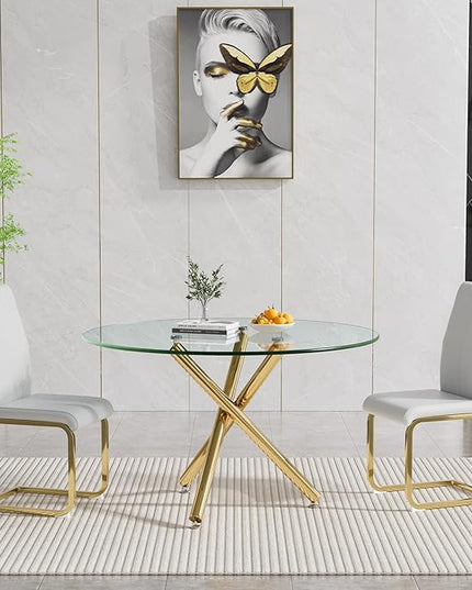 HomVent Round Glass Dining Table Set for 2, 3-Piece Modern Kitchen Table Set with 2 PU Upholstered Chair for Kitchen Dining Room, Glass Dining Room Table Set