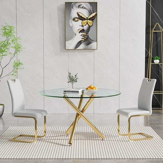 HomVent Round Glass Dining Table Set for 2, 3-Piece Modern Kitchen Table Set with 2 PU Upholstered Chair for Kitchen Dining Room, Glass Dining Room Table Set