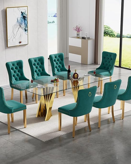 SSLine Modern 70" Glass Dining Table Set for 8, Rectangular, Green, Velvet Upholstered Chairs, 300 lbs Weight Capacity