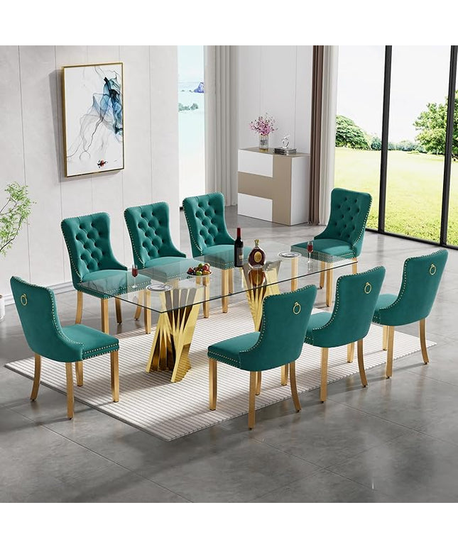 SSLine Modern 70" Glass Dining Table Set for 8, Rectangular, Green, Velvet Upholstered Chairs, 300 lbs Weight Capacity