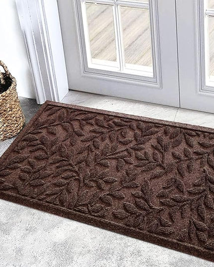 Bulijojo Sturdy Front Entrance Doormats,Durable Heavy Duty Welcome Mat,Thick Absorbent Natural Rubber Non Slip Mat,Easy Clean Entryway Mat 17x30 Inch Leaves Brown
