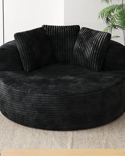 JACH Oversized Round Lazy Sofa Chair with Three Pillows, 50" Corduroy Deep Seat Single Sleeper Sofas, Upholstered Chaise, Cloud Couch for Living Room, Apartment, Black