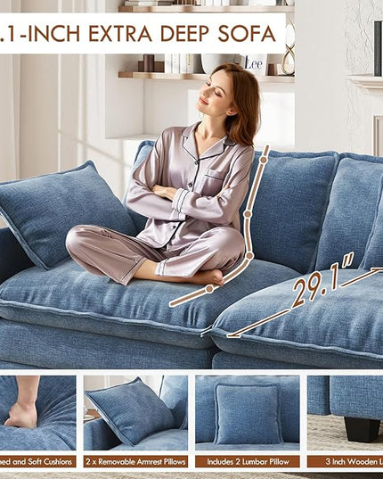 WorthFurni 77 Inch L Shape Cloud Sofa, Modular Sectional Couch with Ottoman, Comfy Chenille Deep Seat Loveseat with Pillow for Living Room Bedroom Apartment (Blue)