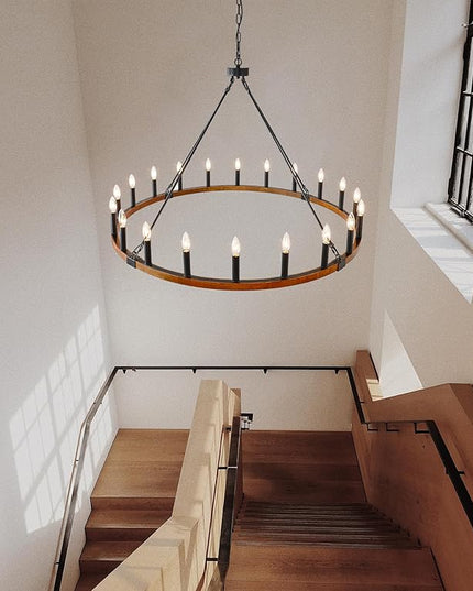 HHR 48 Inch Wood Wagon Wheel Chandelier 20-Light, Large Chandeliers for High Ceilings, Farmhouse Chandeliers for Dining Room, Foyer, Living Room, Entryway, Kitchen Island, E12