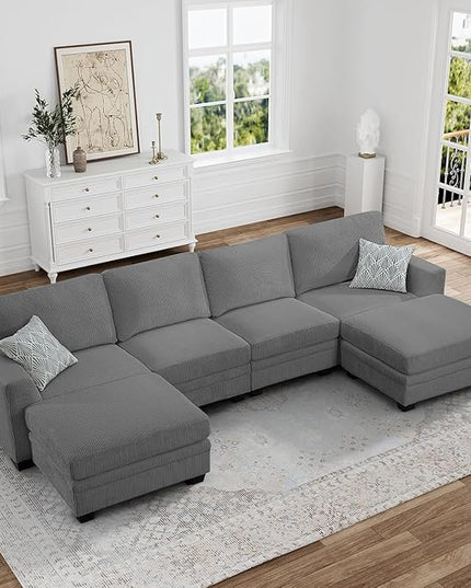 Legend Vansen Oversized Modular Sectional Sofa,6 Seat U Shaped Couch with Ottoman,Corduroy Sofa with Deep Seat,Convertible Large Sectional Couches for Living Room (Grey, U-6)