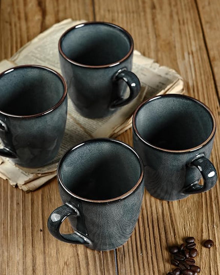 famiware Coffee Mugs Set of 4, Ocean Round 11.5oz Coffee Cup Set with Handle for Cocoa, Milk, Hot Chocolate, Tea or Water, Stoneware Cups for Kitchen, Microwave Dishwasher Safe, Deep Forest