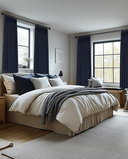 100% Blackout Shield Linen Look Textured Pinch Pleated Curtains Blackout Drapes 108 Inch Long 2 Panels Set, Faux Linen Blackout Curtains for Bedroom & Living Room, 40" W x108 L, Midnight Blue