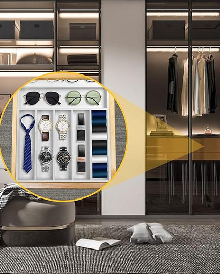 Kitchen Bamboo Silverware Organizer, Kitchen Drawer Organizer - Utensil Holder and Cutlery Tray with Grooved Drawer Dividers for Flatware 7 Slot, White