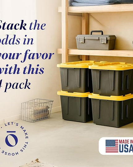 HOMZ 4-Pack Durabilt Tote, Heavy Duty Plastic Storage Bins with Lids, 27 Gallon, Black/Yellow - Stackable Organizing Containers for Home, Garage, and Shed