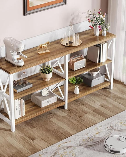 LVB Industrial Entryway Table, Farmhouse Rustic Console Table Behind Couch, Long Metal Sofa Table with Storage Shelf, Modern Hallway Table for Living Room Bedroom,White and Rustic Oak,63 inch
