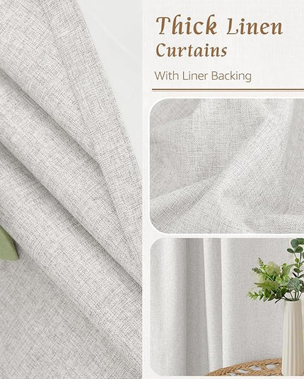 LAMIT Light Grey Linen 100% Blackout Window Curtains for Bedroom, 45 Inches Linen Textured Thermal Farmhouse Curtains Back Tab and Rod Pocket Burlap Panels with White Liner, 2 Panels, 52 x 45 Inch