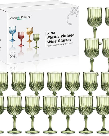 XUWAIDSGN 24 Pcs 7oz Plastic Vintage Wine Glasses Drinking Glasses Unbreakable Wedding Glassware Crystal Water Goblets Reusable Drinkware Vintage Champagne Flutes (24, Dark Green)