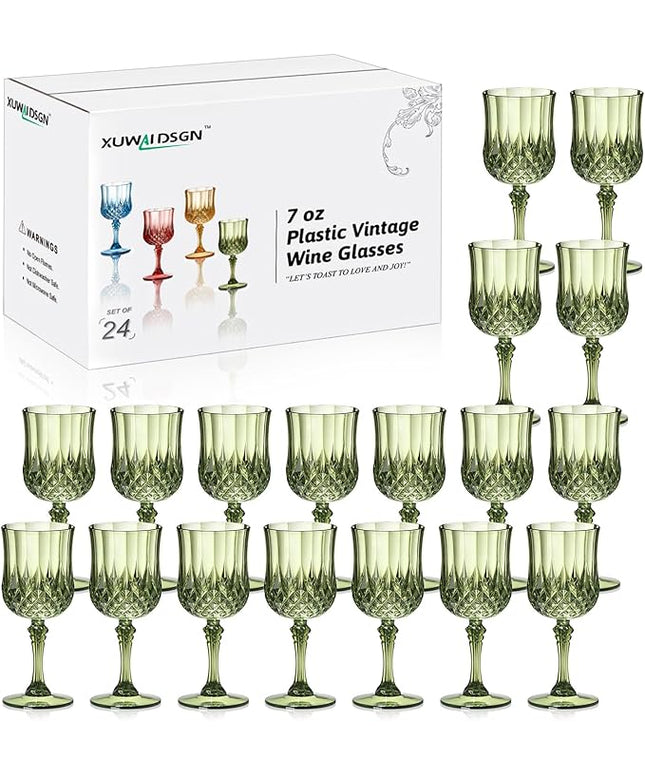 XUWAIDSGN 24 Pcs 7oz Plastic Vintage Wine Glasses Drinking Glasses Unbreakable Wedding Glassware Crystal Water Goblets Reusable Drinkware Vintage Champagne Flutes (24, Dark Green)