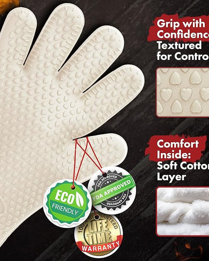 KITCHEN PERFECTION Silicone Smoker Oven Gloves For Women -Extreme Heat Resistant BBQ Gloves -Handle Hot Food Right on Your Smoker Grill Fryer|Waterproof Oven Mitts Grill Gloves |Superior Set+3 Bonuses