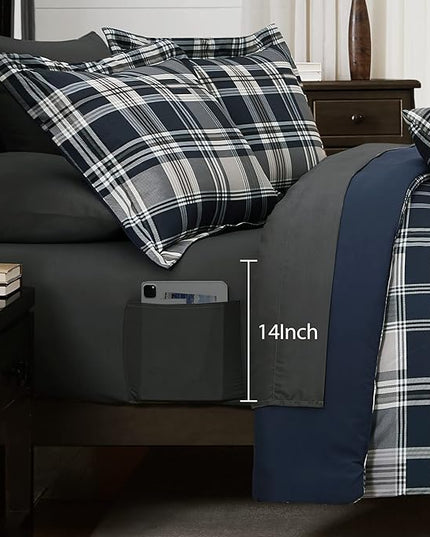 MaiRêve Queen Size Comforter Set Navy Blue, Classic Plaid Farmhouse 7 Pieces Bedding Set, All Season Lightweight Bed in a Bag with Sheets, Pillowcases & Shams