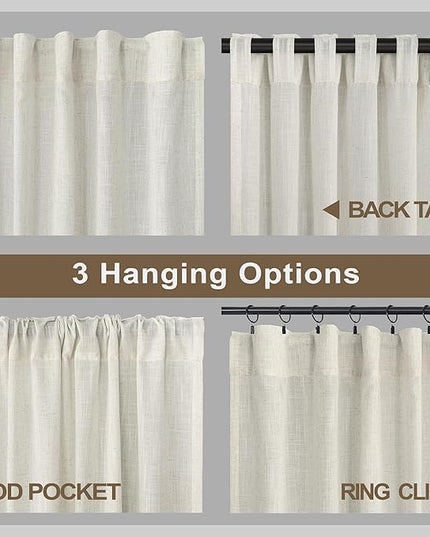 Pitalk 60 Inch Wide Curtains for Kids Bedroom Boys Girls 90 Inches Long 2 Panels Back Tab Pocket Natural Linen Sheer Extra Wide Large Cream Ivory Curtains for Nursery Room Playroom Closet Doors 60x90