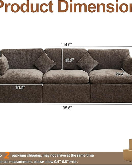 115''Cloud Boneless Sectional Couch, Modular Sectional Sofa Deep Seat, Oversized Upholstered Convertible Comfy 3 Seater Chenille Memory Foam Sofa Couches for Living Room, Brown