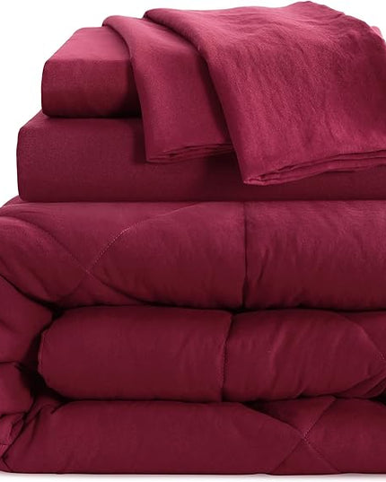 NTBAY Twin Comforter Set with Sheets, 5 Pieces Soft and Breathable Twin Bedding Set, Twin Bed in a Bag, Down Alternative Comforter Set Solid Color All Season, Kids Bedding Set, Wine Red