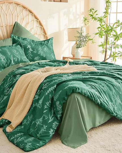 MUXHOMO Emerald Green Bed in a Bag Queen 7 Pieces, Queen Comforter Set Reversible Botanical Flowers Design, Ultra Soft & Breathable Bedding Sets with Comforter, Sheets, Pillowcases & Shams