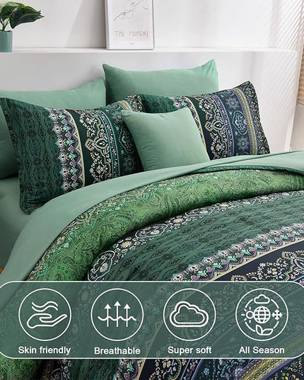 Boho Green Comforter Set Full Size,8 Piece Bed in a Bag Bohemian Striped Bedding Quilt Set,Dark Green Paisley Floral Comforter and Sheet Set,Soft Microfiber Complete Bedding Sets for All Season