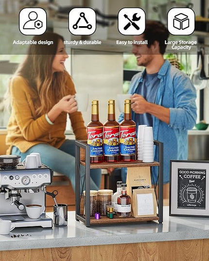 Giikin Counter Shelf Organizer, 2 Tier Kitchen Spice Rack for Countertop, Wood Coffee Counter Organizer for Home (Rustic Brown, L)