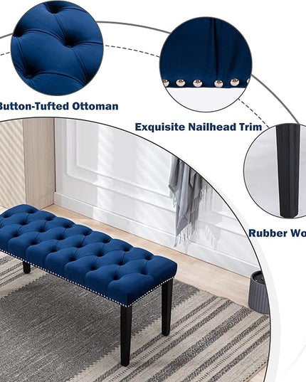 KCC Button-Tufted Ottoman Bench, Upholstered Bedroom Benches Velvet Footrest Stool Accent Bench for Entryway Dining Room Living Room Bedroom End of Bed, Blue