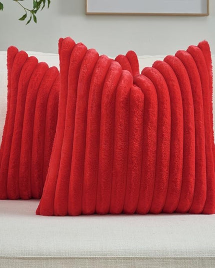 FUTEI Christmas Red Throw Pillow Covers Set of 2, 26x26 Inch Striped Texture Euro Pillow Shams with Soft Faux Rabbit Fur Front & Velvet Back, Modern Decorative Couch Pillows for Living Room