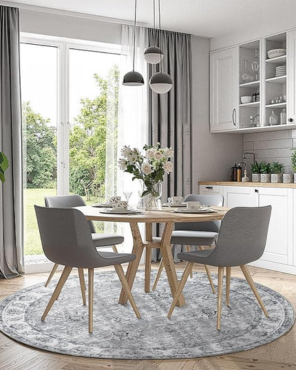 jinchan Fiora Round Rug 6ft Area Rug - Grey Vintage Floor Mat Indoor Ultra-Thin Soft Floral Print - Washable Circle 6' Retro Accent for Farmhouse Non Slip Dining Room Living Room Bedroom Office