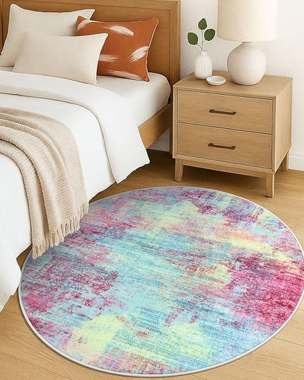 IOHOUZE Round Area Rug 5 Ft Circle Entryway Rugs Round Washable Door Mat Indoor Entrance, Non Slip Circle Front Door Rug, Printed Abstract Faux Wool Floor Carpet for Foyer Porch Sink, Pink Teal