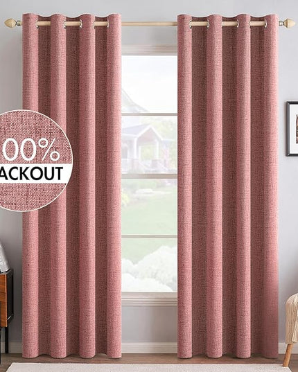 MIULEE 100% Blackout Linen Textured Curtains for Bedroom Solid Thermal Insulated Dusty Rose Grommet Room Darkening Curtains & Drapes Luxury Decor for Living Room Nursery 52 x 84 Inch (2 Panels)