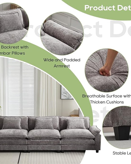 120" Modular Sectional Sofa, Comfy Cloud Couch Sectional Sofa, Chenille Sofa Sleeper Deep Seat Sofa with Throw Pillows for Living Room (Light Gray, 120"- 3 Seater)