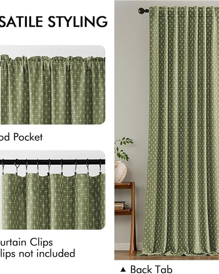 MIULEE Decorative Back Tab Linen Curtains with Geometric Pattern for Living Room Bedroom Farmhouse Rustic Thick Woven Textured Patterned Mudcloth Drapes 84 Inches Long 2 Panels Set, Sage Green