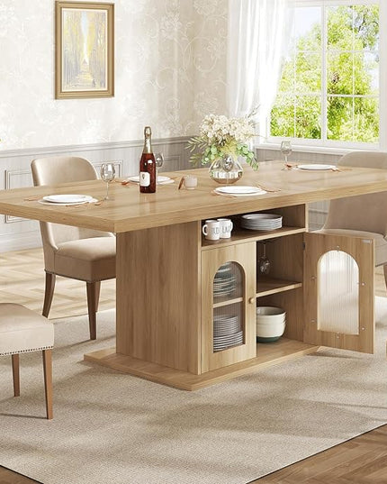 HSH Dining Table for 4–6, 63 Inch Wood Farmhouse Kitchen Table with 3-Tier Storage Shelf and Acrylic Door Cabinet, Rectangular Modern Dining Room Dinner Table for Apartment Home Small Space, Light Oak