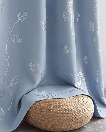 BUHUA Heat Blocking Curtains, Black Out Curtains 72 Inch Long 2 Panels Burg, Soundproof Curtains with Silver Leaf Printed (52 x 72 Inch, Baby Blue, Set of 2 Panels)