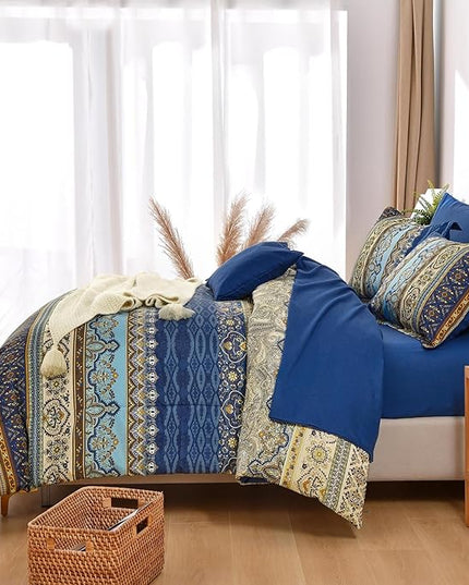 Cottolester Boho Queen Comforter Set 8 Pieces,Brown Blue Bohemian Comforter Paisley Striped Bed in A Bag,Soft Microfiber Bedding Set for All Season