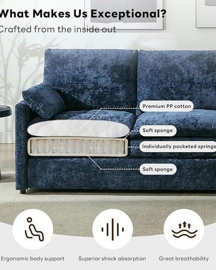 Tbfit Modern Couch, 89" Cloud Sofa Spring Seat Cushions, Comfy 3-Seater w/Pillows, Chenille Fabric Removable Covers, Soft Upholstered Living Room Furniture, Home Apartment, Blue