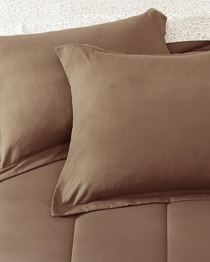 Monbix Full Comforter Set - 7 Pieces Brown Bed in a Bag Full Size Track Stitching Bedding Sets, All Seasons Comforter with Sheets, Pillowcases & Shams