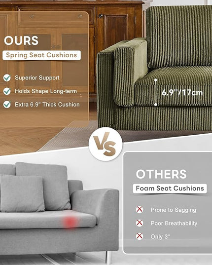 Tbfit 85" Corduroy Couch for Living Room, 3 Seater Mid Century Modern Sofa with Spring Cusions & Extra Deep Seat for Bedroom, Small Comfy Upholstered Couches Easy Assembly with Solid Wood Legs, Green