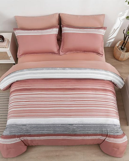 KAKIJUMN 7 Piece Bed in a Bag Stripe Comforter Set King Size, White Grey Blush Pink Patchwork Striped Comforter and Sheet Set, All Season Soft Microfiber Complete Bedding Sets(Pink,King)