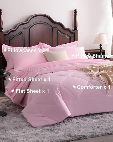 NTBAY Queen Comforter Set with Sheets, 7 Pieces Soft and Breathable Queen Bedding Set, Bed in a Bag, Down Alternative Comforter Set Solid Color All Season, Queen Bedding Set, Pink