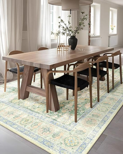 MUJOO 6x9 Area Rugs Washable,Boho Rugs for Living Room Bedroom Dining Room,Large Non Slip Throw Carpet Indoor,Low Pile Light Green and Blue