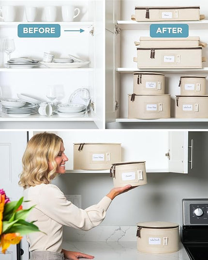Hard Shell China Storage Containers 8-Piece Set Moving Boxes for Dinnerware, Glasses, Plates, Mugs and Saucers Sturdy Dish Organizer with Dividers for Seasonal Storage - Service for 12 - Beige