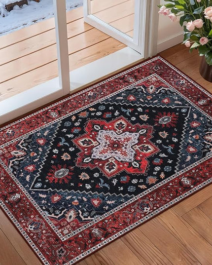 Ciicool Washable Vintage Area Rug, 2x4ft Boho Small Rug, Ultra Soft Rugs for Entryway, Non-Slip Entry Rugs Oriental Low-Pile Indoor Mat Floor Carpet for Entrance Bedroom Kitchen Bathroom Foyer Decor