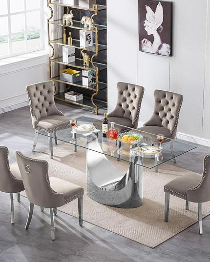 7 Piece Dining Table Set, Modern Glass Dining Table Set for 6 with Velvet Chairs, 70" Luxury Dining Table Chairs Set of 6, Kitchen Dining Room Sets for Dinner Dinette Breakfast Banquet, Grey+Silver