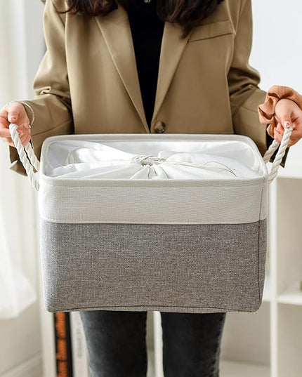 TheWarmHome Storage Baskets for Organizing, X Large - 3 Pack 17.7L×13.8W×9.8H in Foldable Storage Bins for Shelves, Fabric Storage Box for Closet Nursery Toy Gift (White & Grey)