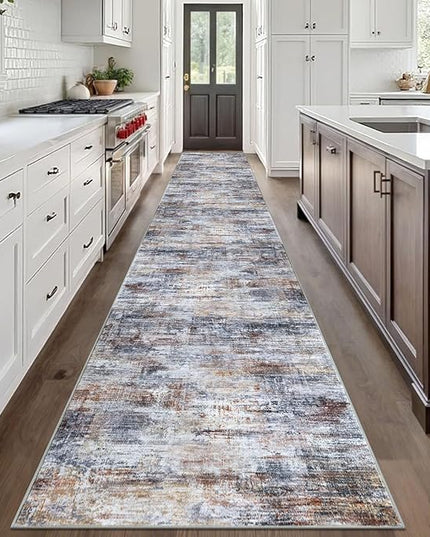 IOHOUZE Abstract Runner Rug 3x20 Ft Extra Long Washable Runners for Hallways, Non Slip Kitchen Runner Printed Faux Wool Entryway Runner Indoor, Modern Abstract Floor Carpet for Hall Stair, Orange Grey