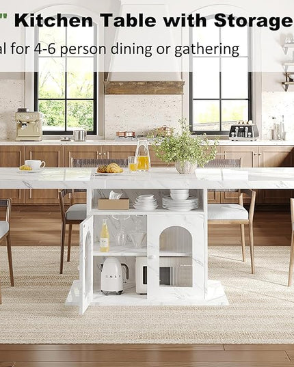 HSH Dining Table for 4–6, 63" Modern Kitchen Dining Room Table with Storage Shelves & Acrylic Door Cabinet,Wood Rectangle Dinner Table with Faux Marble Top for Home Apartment, White Faux Marble