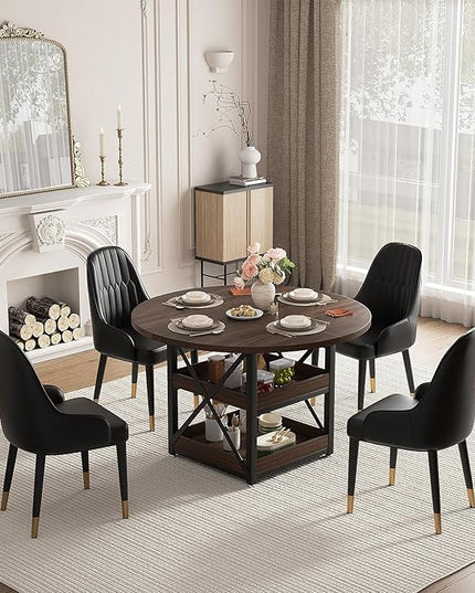 5-Piece Round Dining Table Set for 4 with Storage, Kitchen Table with 4 PU Leather Chairs, Space Saving for Breakfast Nook, Dinette, Dining Room (Walnut Dining Table-4 Black Chairs)