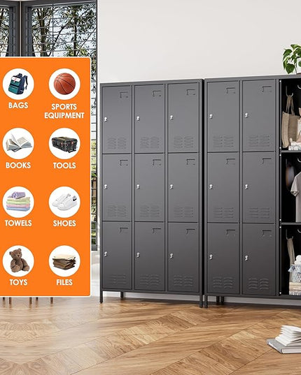 Aobabo New 9 Doors Metal Storage Locker for Employees, Lockable Steel Locker with Name Card Slot and 27 Hooks for School Office Gym Garage, Black, Assembly Required